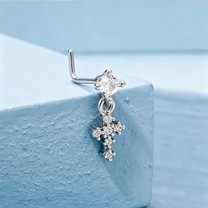 Hängende Nasenringe für Frauen, Kreuz-Zirkon-Nasenpiercing-Schmuck, L-förmige Nasenstecker, Körperschmuck-Accessoires So ist Leben
