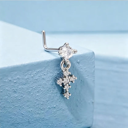Hängende Nasenringe für Frauen, Kreuz-Zirkon-Nasenpiercing-Schmuck, L-förmige Nasenstecker, Körperschmuck-Accessoires So ist Leben