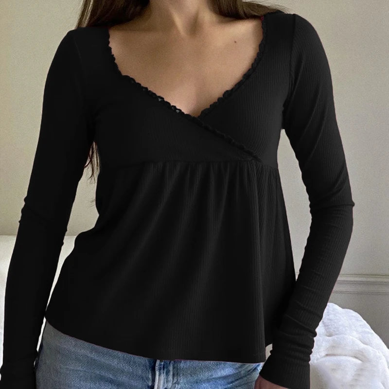 Frauen Fee Y2k Cottage T-shirt Kokette V-ausschnitt Langarm Babydoll Tees Herbst Frühling Casual Pullover Tops Vintage Kleidung So ist Leben