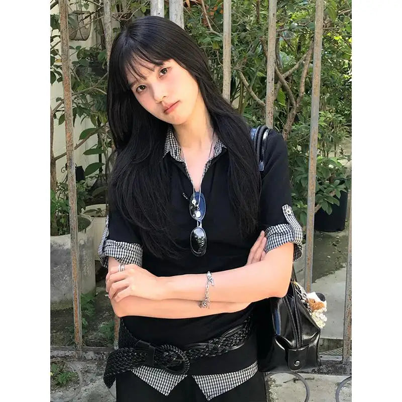 Genayooa American Retro Patchwork Shirt Damen Halbarm Freizeithemden Y2k Vintage Fake Two Pieces Tops Japanische 2000er Jahre T-Shirts So ist Leben