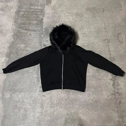 Strickjacke mit Reißverschluss, einfarbig, Basic-Top, Vintage-Stil, High Street, Freizeitmantel, amerikanischer Y2K-Winter, winddicht, warm, Plüschhut, Kapuzenmantel So ist Leben