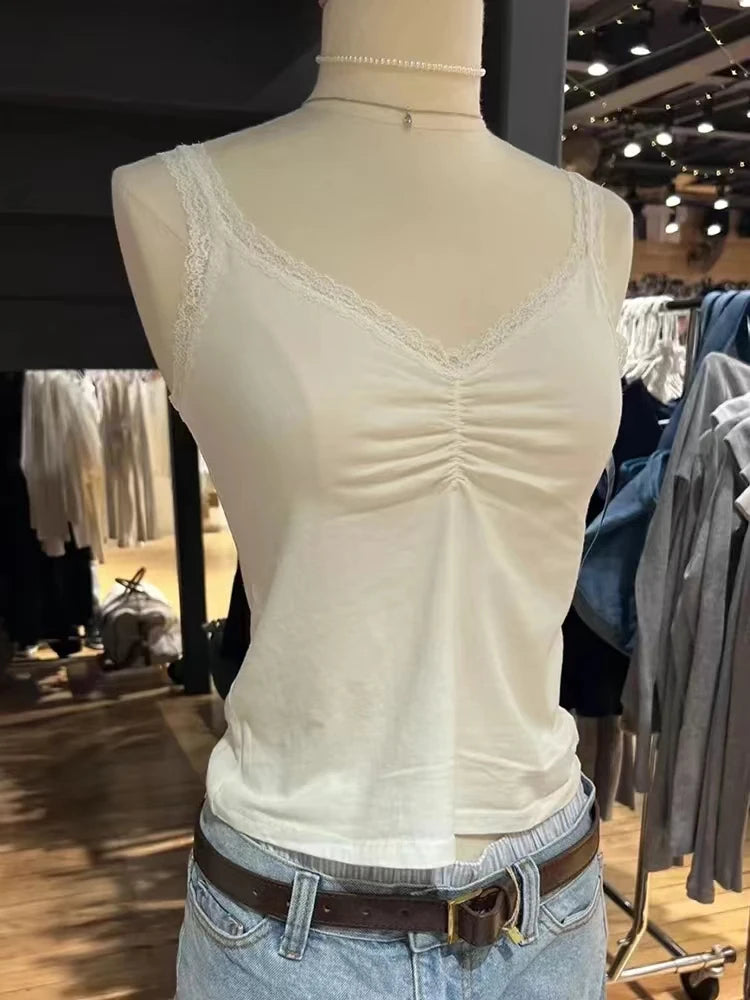 Weißes, ärmelloses Tanktop mit Spitzenbesatz für Damen, lässig, weiche Baumwolle, V-Ausschnitt, schmal geschnittene Westen, Vintage, süß, süß, Preppy-Stil, Camis So ist Leben