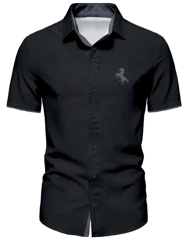 Minimalistisches Sommerhemd für Herren mit kurzen Ärmeln, modisches T-Shirt mit schwarzem Pferde-Logo und Kontrastfarben, Geschenk für Männer So ist Leben