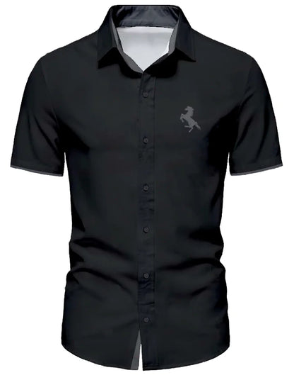Minimalistisches Sommerhemd für Herren mit kurzen Ärmeln, modisches T-Shirt mit schwarzem Pferde-Logo und Kontrastfarben, Geschenk für Männer So ist Leben