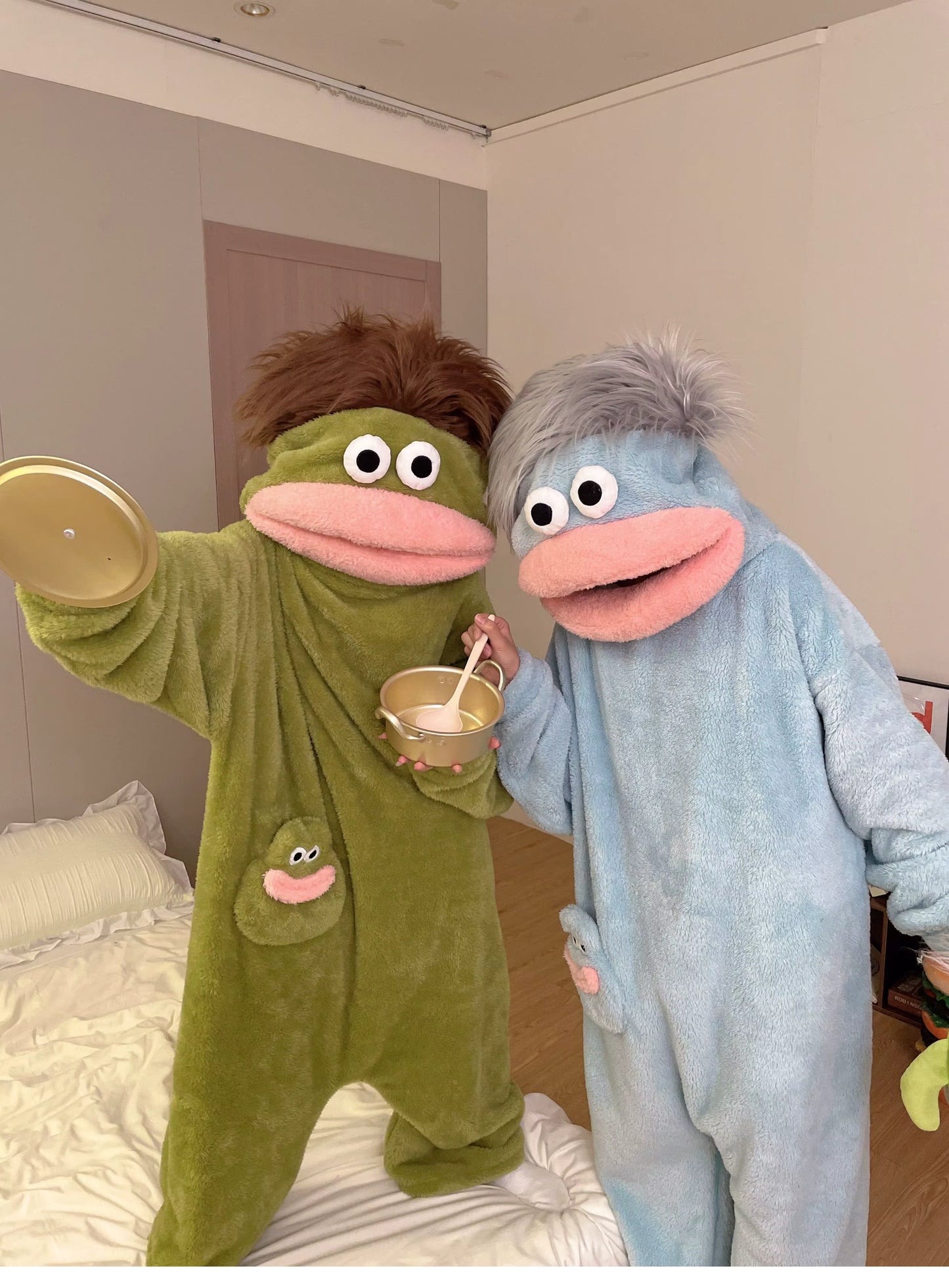 Generisches Big Mouth Monster Coral Fleece Onesie Pyjama Winter Dick Warm Hässlich Niedlich Lustig Haariger Erwachsenen-Loungewear Grün Hellblau So ist Leben