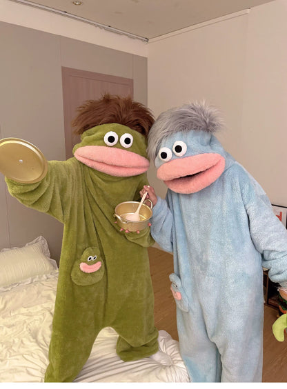Generisches Big Mouth Monster Coral Fleece Onesie Pyjama Winter Dick Warm Hässlich Niedlich Lustig Haariger Erwachsenen-Loungewear Grün Hellblau So ist Leben