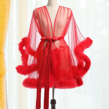 Damen-Nachthemd mit Plüschbesatz, ultradünn, durchsichtig, Netzrüschen mit verstellbarer Taille, einfarbig, Pyjama-Party-Nachtwäsche So ist Leben