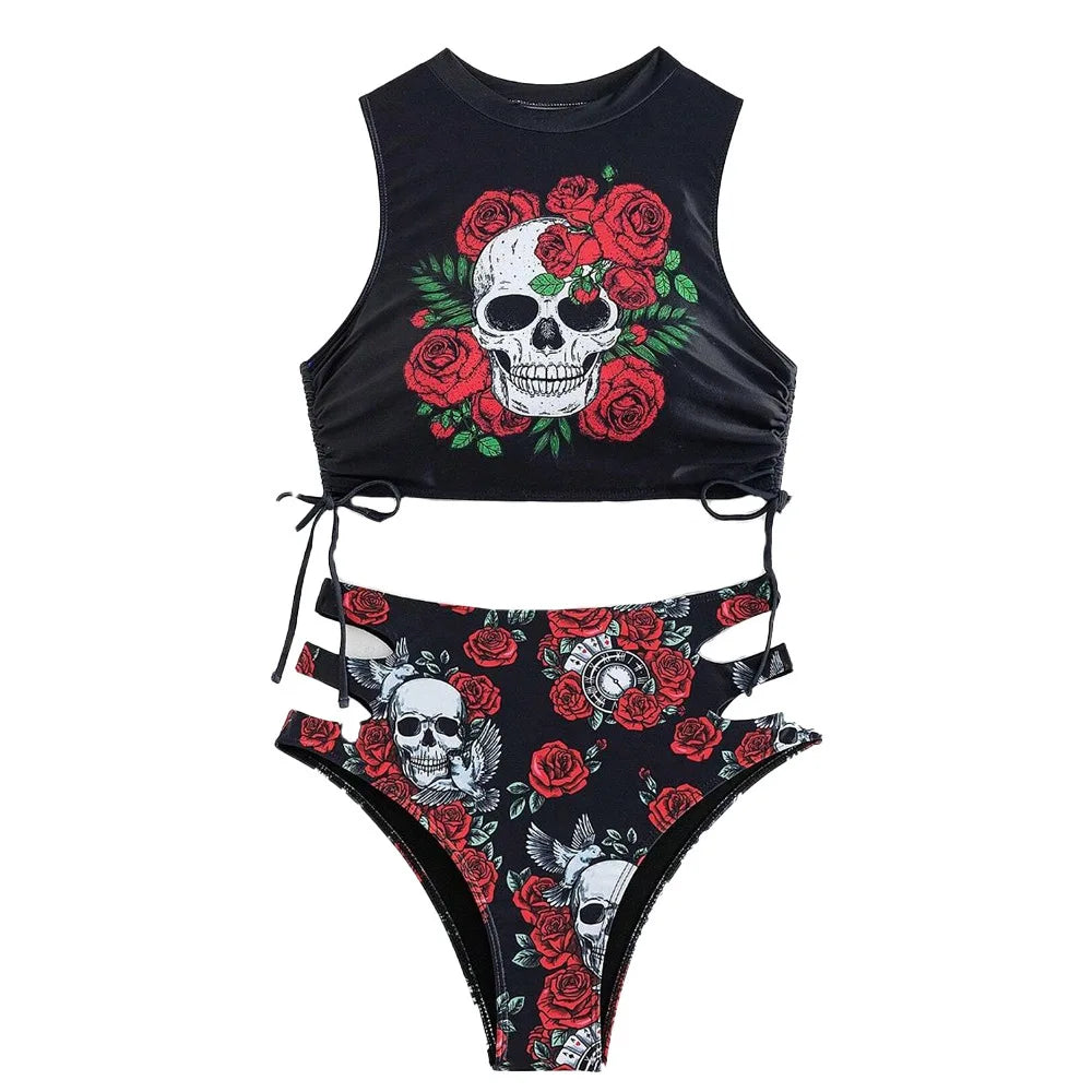 Gothic Floral Skull Bikini Set Sexy Dark Romance Zweiteiliger Edgy Print Badeanzug für Frauen Sommer Hollow Out Höschen Badeanzug Ropa So ist Leben