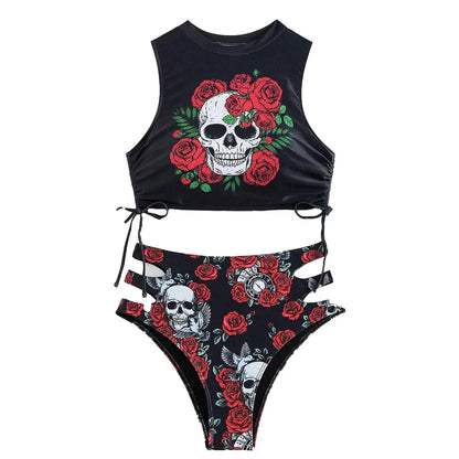 Gothic Floral Skull Bikini Set Sexy Dark Romance Zweiteiliger Edgy Print Badeanzug für Frauen Sommer Hollow Out Höschen Badeanzug Ropa So ist Leben