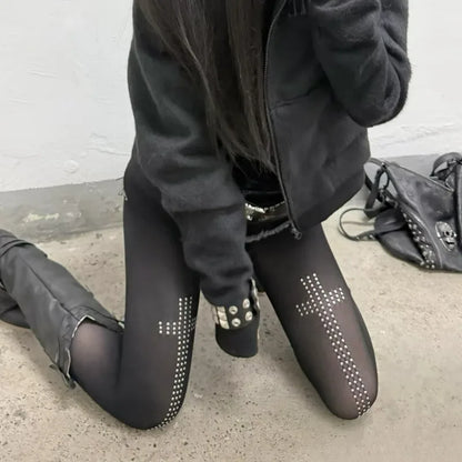 Gothic Vintage Strass Kreuz Strumpfhosen Hosen Spicy Girls Schwarz Ästhetik Hip-Hop Straße Casual Frauen Y2K Cosplay Strumpfhosen So ist Leben