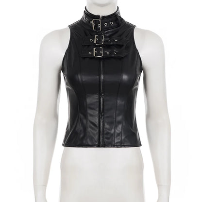 SUCHCUTE Retro Punk Pu Leder Weste Mit Hülse Abdeckung Frauen Gothic Schwarz Ärmelloses Rollkragen Top Y2k Metall Dekorative Kleidung So ist Leben