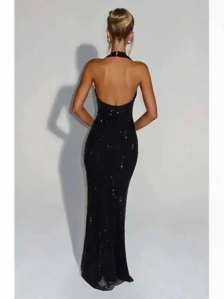 Avrilyaan Glänzende Pailletten-Nachtclub, tiefer V-Ausschnitt, rückenfrei, sexy Partykleid für Damen, Neckholder, 2025, Sommerkleid, schlank, figurbetont, Maxi-lange Kleider So ist Leben