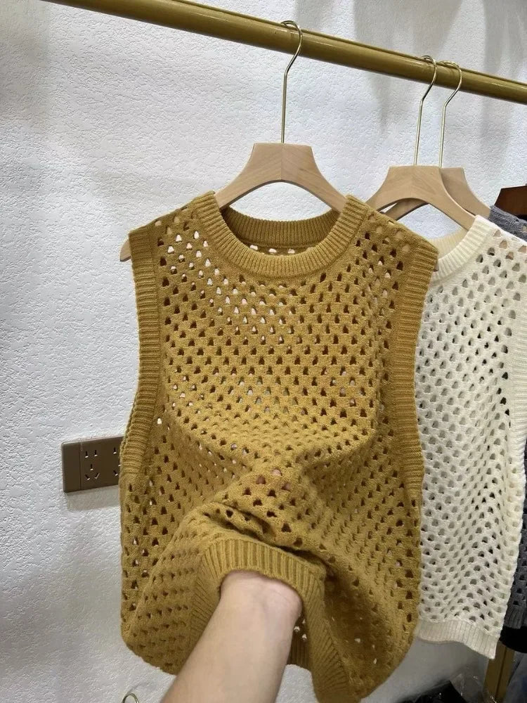 Vintage Stricken Pullover Weste frauen Kleidung Oansatz Ärmel Lose Tanks Aushöhlen Casual Chic Crop Tops 2025, Ropa Mujer So ist Leben