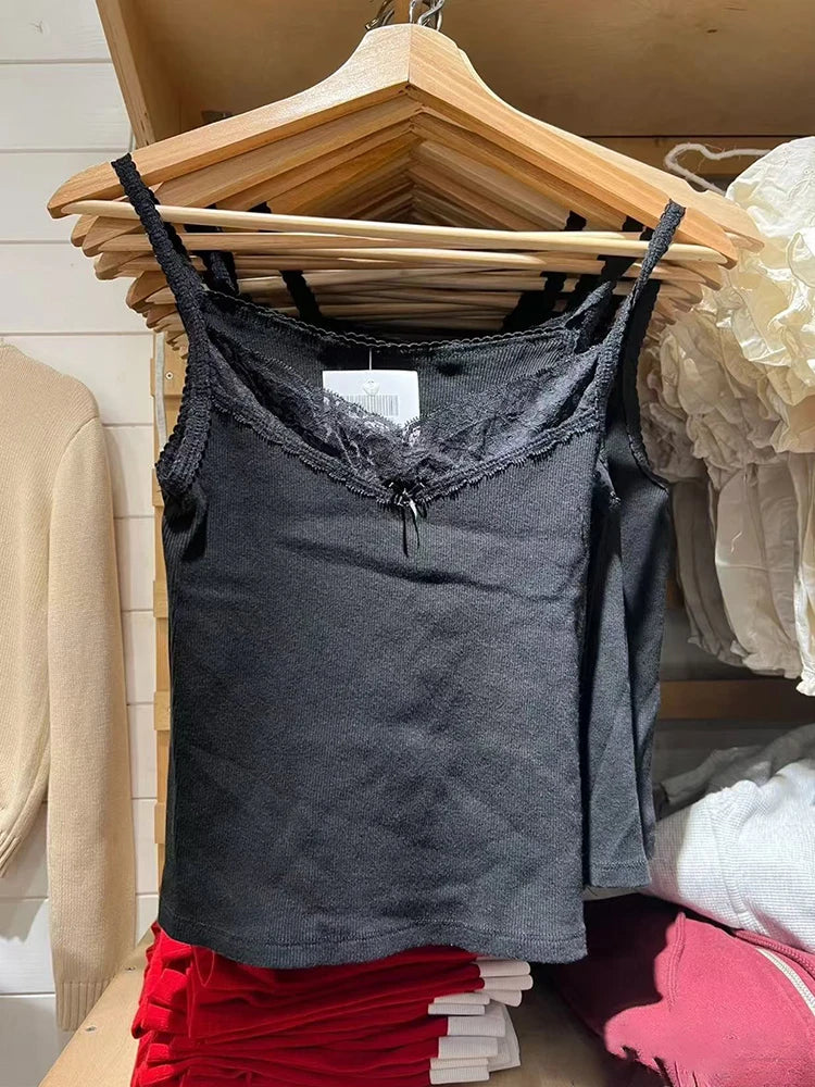 Süße Spitze Patchwork Schlank Tank Tops Frauen Sommer Weiß Sexy Einfache Baumwolle Weiche Ärmellose Westen Weibliche Vintage Chic Y2K Leibchen So ist Leben