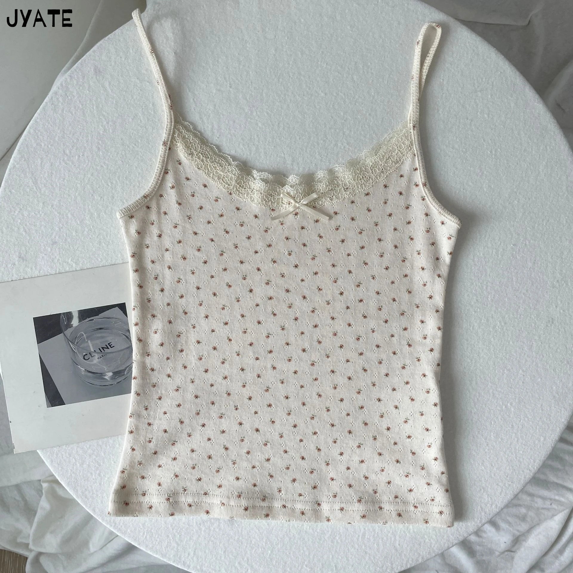 Süße Blumendruck Öse Schleife abgeschnittene Westen Frauen Baumwolle beiläufige dünne Spitzenbesatz Tank Tops Vintage Adrette süße Leibchen Y2K So ist Leben