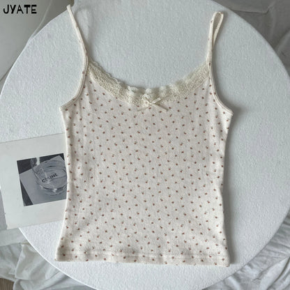 Süße Blumendruck Öse Schleife abgeschnittene Westen Frauen Baumwolle beiläufige dünne Spitzenbesatz Tank Tops Vintage Adrette süße Leibchen Y2K So ist Leben