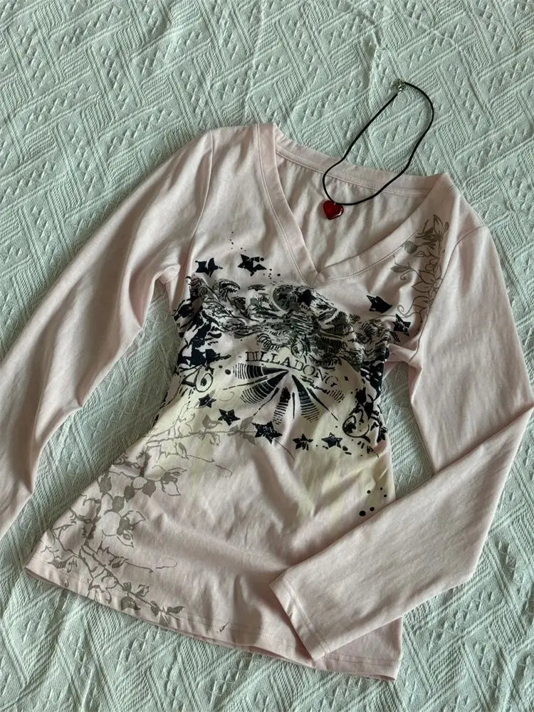 Winter Lange Ärmel Y2k Print T-shirt Rosa Frau Kawaii Kleidung 2000s Harajuku V-ausschnitt Casual Weibliche T-shirts Punk Mädchen top Goth So ist Leben