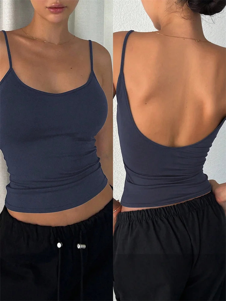 Frauen Backless Cami Crop Top Sommer Einfarbig Casual Ärmelloses Top Streetwear Y2K Kleidung So ist Leben