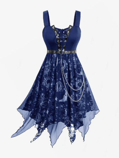ROSEGAL Plus Size Sun Moon Star Gothic Kleider Vestidos Damen Schnür-Tülle ärmelloses Midikleid mit Gürtel und Kette So ist Leben