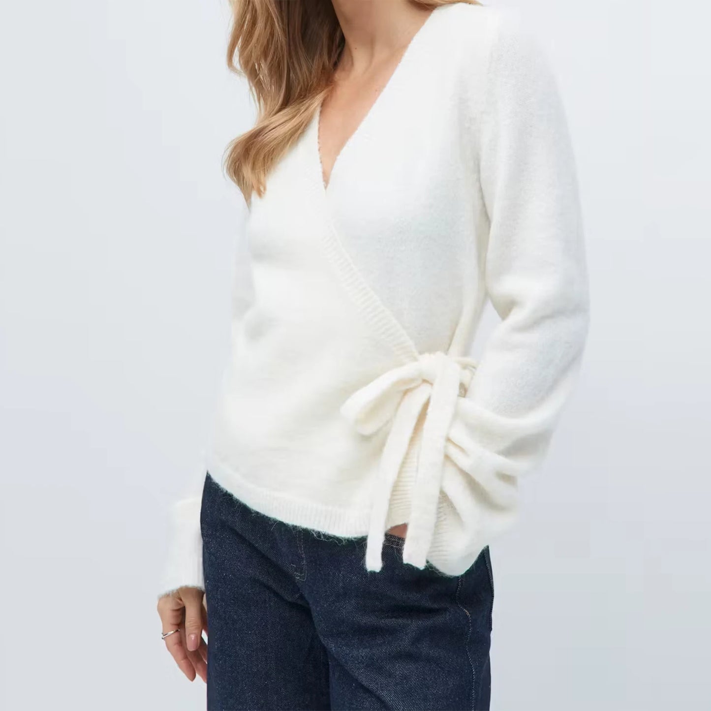 Frauen Krawatte Vorne Wrap Strickjacke Tops Y2K Einfarbig V-ausschnitt Langarm Crop Knit Pullover Casual Winter Herbst Kleidung So ist Leben