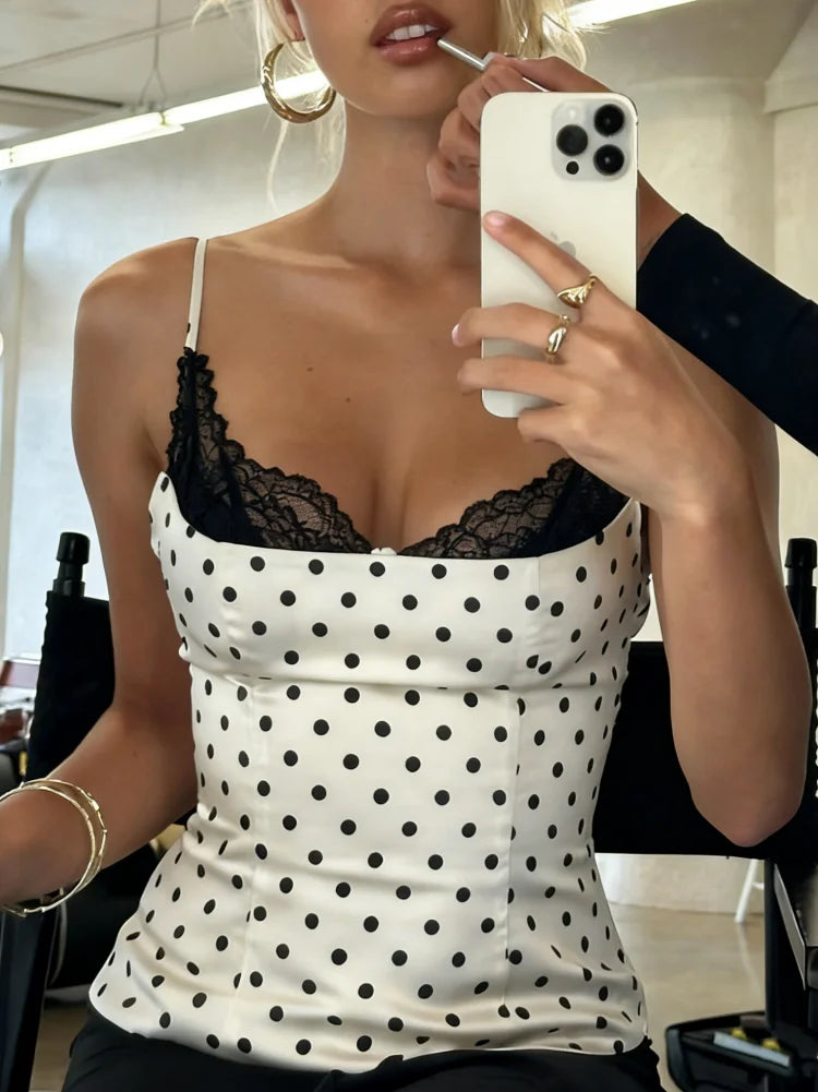 Elegantes Damen-Cami-Top mit Polka Dots und Spitzenbesatz, Sexy Rückenfreies Figurbetontes Camisole-Top, Sommer Vintage Y2k Tops Streetwear So ist Leben