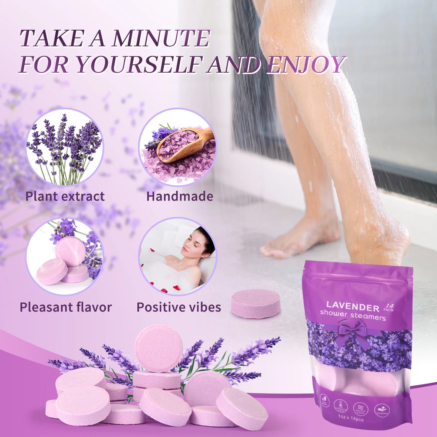 Lavendel-Duschtablette mit Natürlichen Ätherischen Ölen, Feuchtigkeitsspendend und Stressabbauend, Badesalz-Tabletten für Frauen und Männer So ist Leben