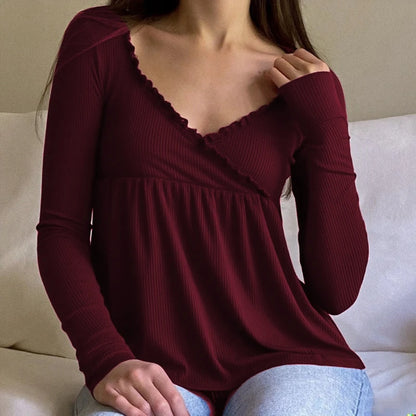 Coquette Vintage Milkmaid Pullover T-Shirts Süßes Y2K geripptes Babydoll Langarm Top Preppy Rüschenbesatz V-Ausschnitt T-Shirt Herbstkleidung So ist Leben