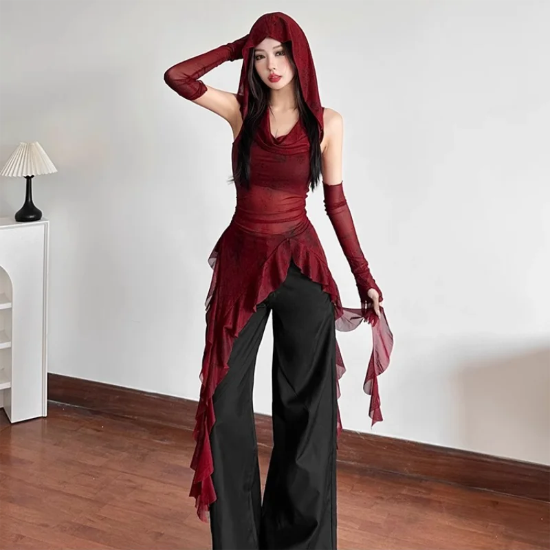 Gothic Mesh Top mit Kapuze – Modernes Y2K Design - So ist Leben