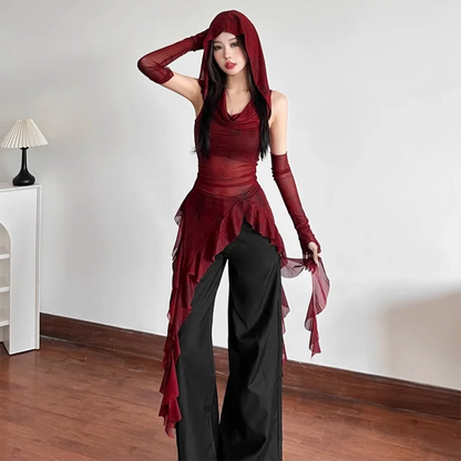 Gothic Mesh Top mit Kapuze – Modernes Y2K Design - So ist Leben