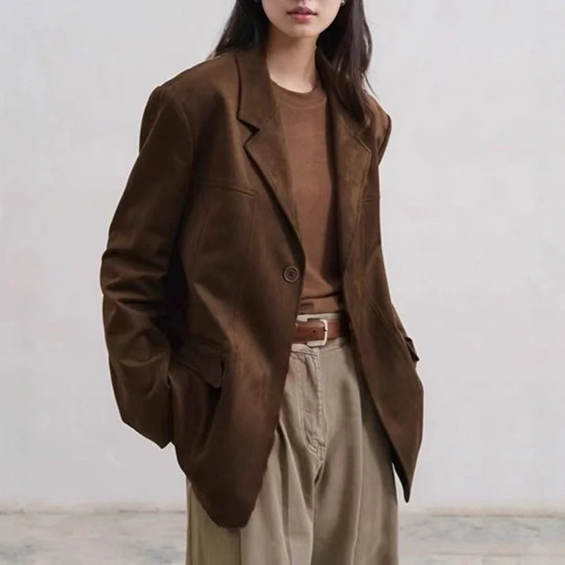 Dunkelbraune Damen-Anzugjacke aus Wildleder, amerikanischer Retro-Stil, lässige Mode, gestricktes Polyester, mittelverdickter Langarmmantel So ist Leben
