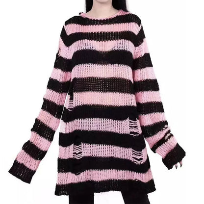 Goth Punk Gothic Pullover Übergroße Pullover Frauen Gestreiften Cool Aushöhlen Loch Gebrochen Jumper Harajuku Ästhetik Pullover So ist Leben