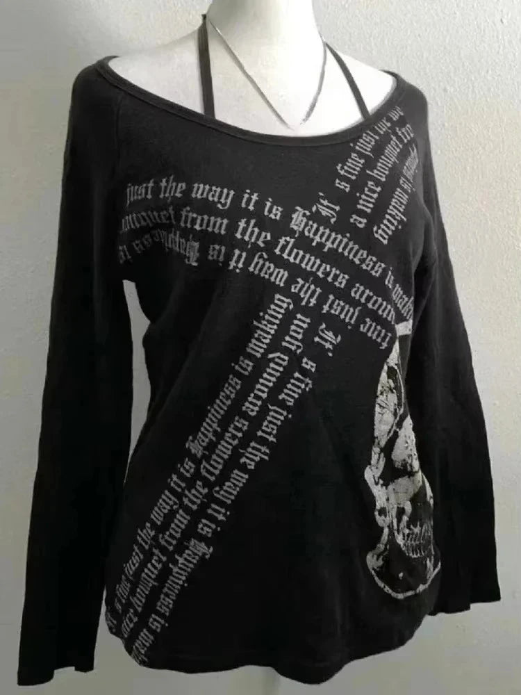 Amerikanischen Vintage Print T-shirt Frauen Ästhetischen Punk Design Langarm Gothic Y2k Tops Subkultur Casual Retro Harajuku Tees So ist Leben