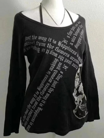 Amerikanischen Vintage Print T-shirt Frauen Ästhetischen Punk Design Langarm Gothic Y2k Tops Subkultur Casual Retro Harajuku Tees So ist Leben