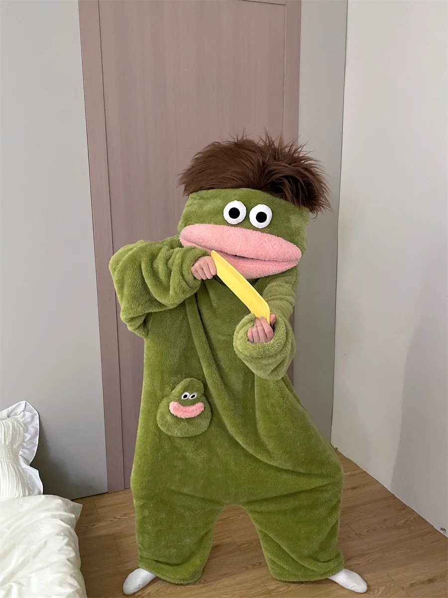 Generisches Big Mouth Monster Coral Fleece Onesie Pyjama Winter Dick Warm Hässlich Niedlich Lustig Haariger Erwachsenen-Loungewear Grün Hellblau So ist Leben
