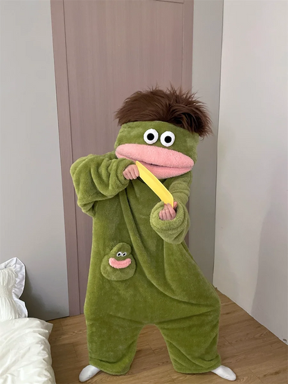 Generisches Big Mouth Monster Coral Fleece Onesie Pyjama Winter Dick Warm Hässlich Niedlich Lustig Haariger Erwachsenen-Loungewear Grün Hellblau So ist Leben