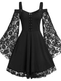 2022 neue Gothic Eine-schulter Spitze Nähte Ausgestellte Ärmel Kleid Literarischen Vintage Herbst Grunge Schwarz A-line Kleid Punk Party So ist Leben