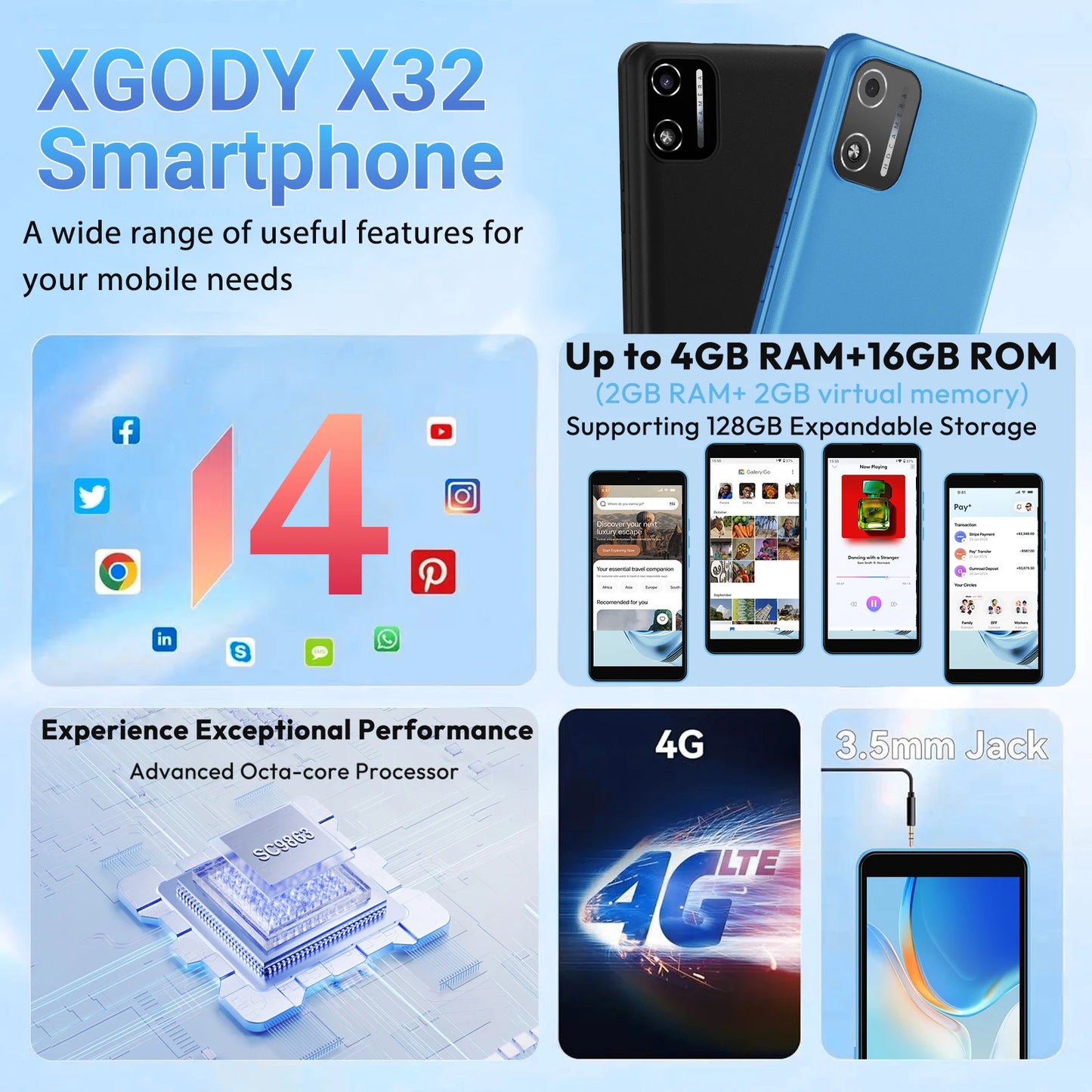 XGODY X32 Android 14 Smartphone 5,5 Zoll Dual-SIM Octa-Core 4GB+16GB Mobiltelefon 2850mAh 5+5MP 4G-Netzwerk Gesichtserkennung Handy So ist Leben