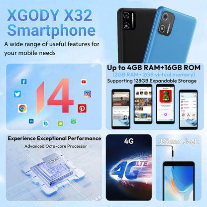 XGODY X32 Android 14 Smartphone 5,5 Zoll Dual-SIM Octa-Core 4GB+16GB Mobiltelefon 2850mAh 5+5MP 4G-Netzwerk Gesichtserkennung Handy So ist Leben