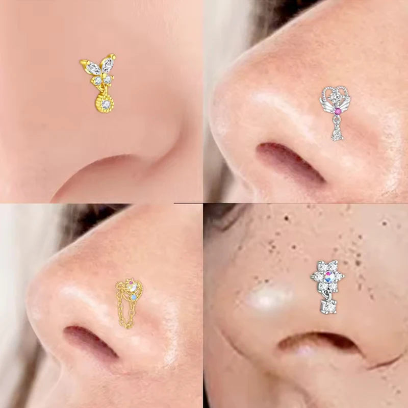 Damen L-förmiger Nasenring, hängender Nasenpiercing aus Edelstahl+Kupfer, gebogener Ring mit Schmetterlingsanhänger, Nasenschmuck 20G So ist Leben