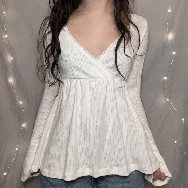 Frauen Fee Y2k Cottage T-shirt Kokette V-ausschnitt Langarm Babydoll Tees Herbst Frühling Casual Pullover Tops Vintage Kleidung So ist Leben