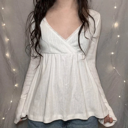 Frauen Fee Y2k Cottage T-shirt Kokette V-ausschnitt Langarm Babydoll Tees Herbst Frühling Casual Pullover Tops Vintage Kleidung So ist Leben