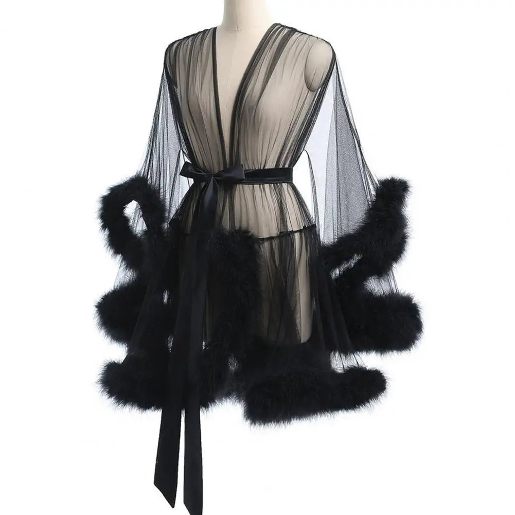 Damen-Nachthemd mit Plüschbesatz, ultradünn, durchsichtig, Netzrüschen mit verstellbarer Taille, einfarbig, Pyjama-Party-Nachtwäsche So ist Leben