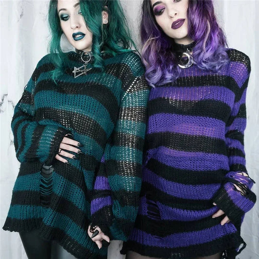 Goth Punk Gothic Pullover Übergroße Pullover Frauen Gestreiften Cool Aushöhlen Loch Gebrochen Jumper Harajuku Ästhetik Pullover So ist Leben