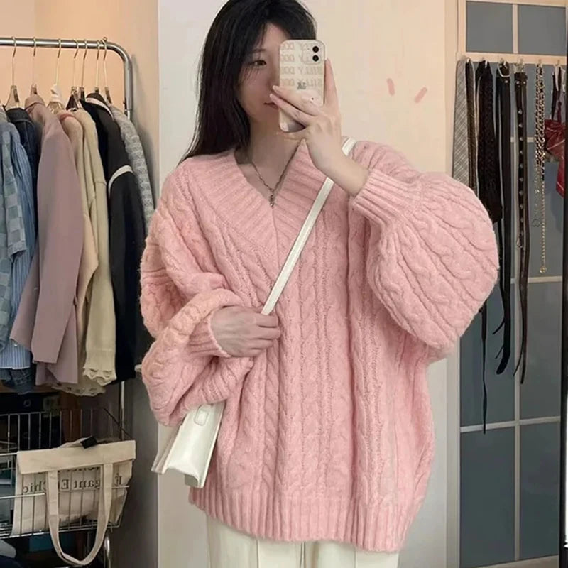 Herbst Winter Frauen Pullover Harajuku Übergroßen Gestrickte Pullover Koreanische Langarm V-ausschnitt Strickwaren Preppy Solide Lose Jumper So ist Leben