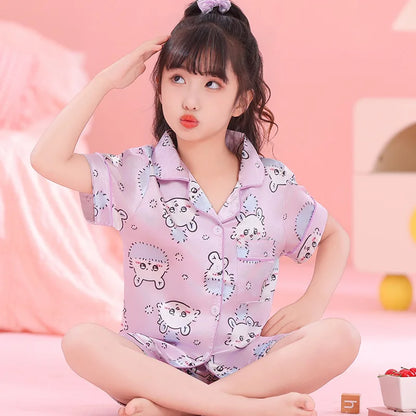 Anime 2Pcs Hallo Kitty Kuromi Kinder Pyjama Sets Sanrios Cartoon Mädchen Eis Seide Revers Kurzarm T-Shirt Tops Hosen pijamas Set