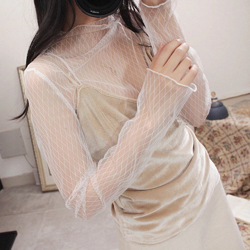 Frauen Spitze Floral T-shirt Transparent Mesh Damen Tops Sheer Blusen Herbst Durchsichtige Rollkragen Schwarz Langarm T-shirt - So ist Leben