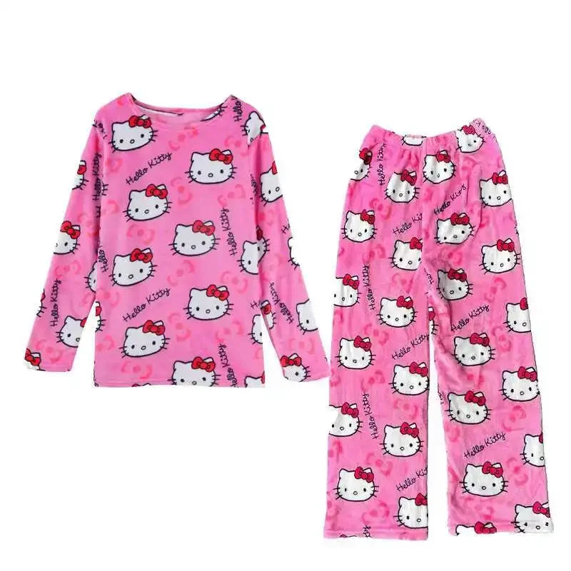 Anime Hello Kitty Plüsch-Pyjama-Anzug für Damen, Cartoon-Flanell, langärmelig, Homewear, Winter, Mädchen, warme Tops, Pannts, zweiteiliges Set - So ist Leben