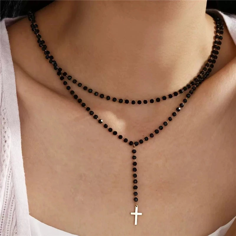 Gothic Y2K Metall Kreuz Anhänger Multi Layer Perlen Halskette Für Frauen Männer Vintage Punk Grunge EMO Charme Schmuck Zubehör Geschenk So ist Leben