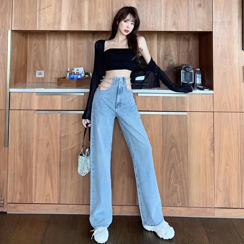 Gerade Jeans Frauen Hohe Taille Metall Dekoration Ketten Aushöhlen Stilvolle Sexy Streetwear Alle-spiel Koreanischen Stil Y2K Ulzzang BF So ist Leben