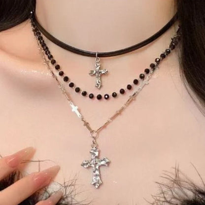 Millennium Hot Girl Y2k Retro mehrschichtige Kreuzperlen-Halskette für Frauen, süße coole dunkle Punk-geschichtete Schlüsselbeinkette So ist Leben